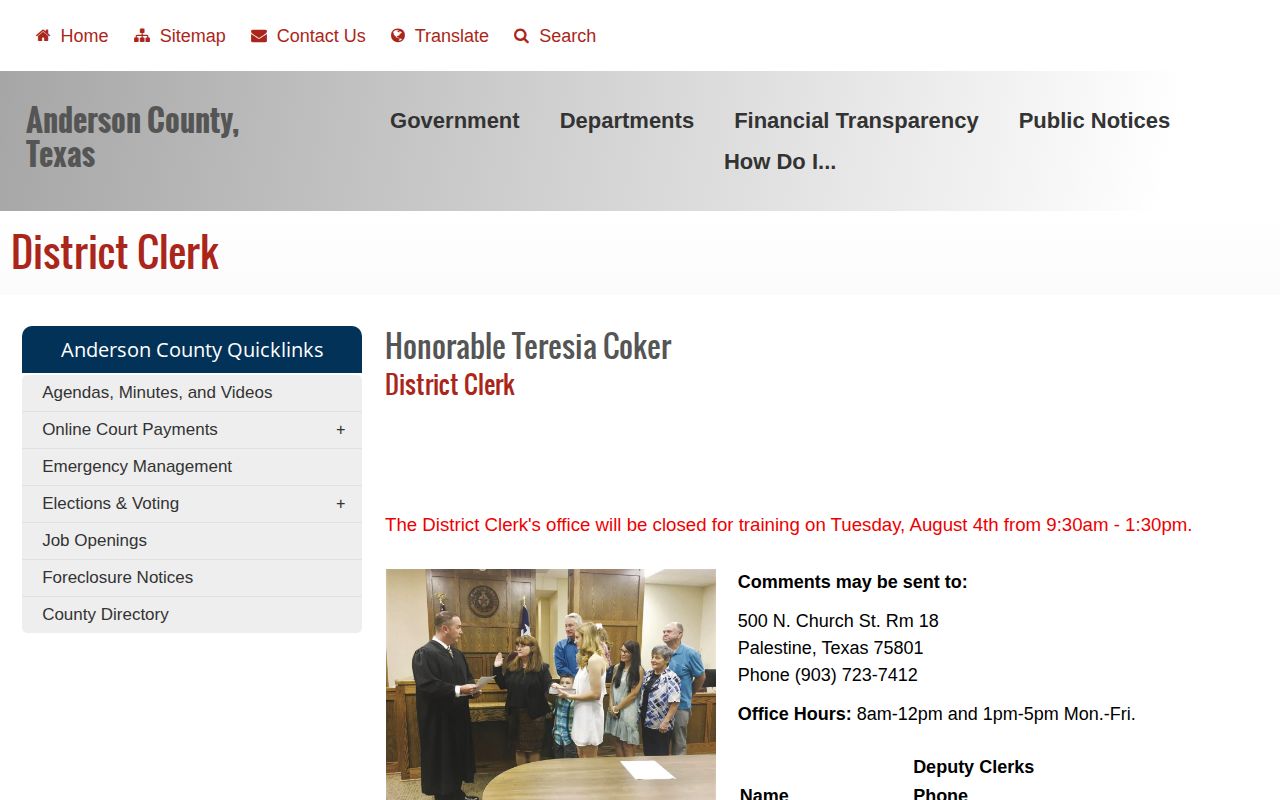 Anderson County District Clerk page for court record copies