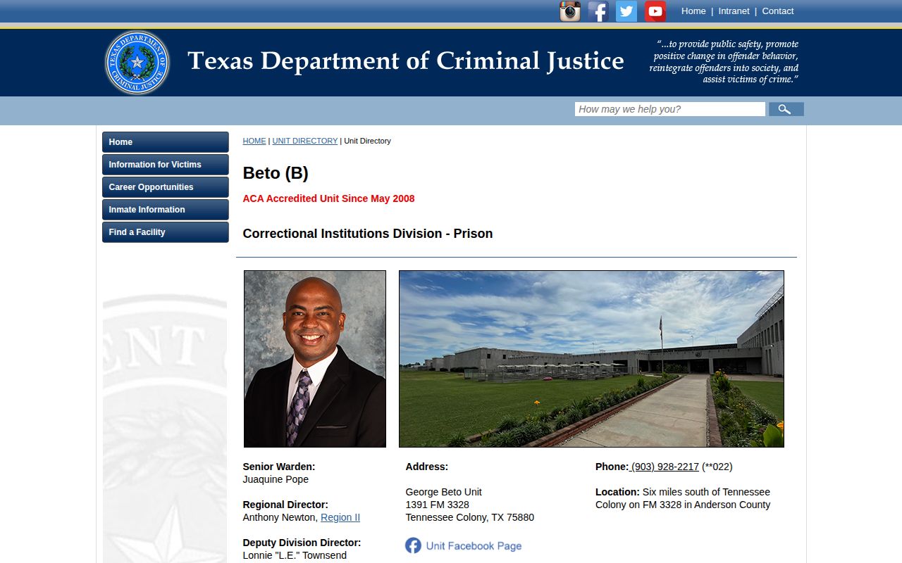 George Beto Unit offender release search official unit page