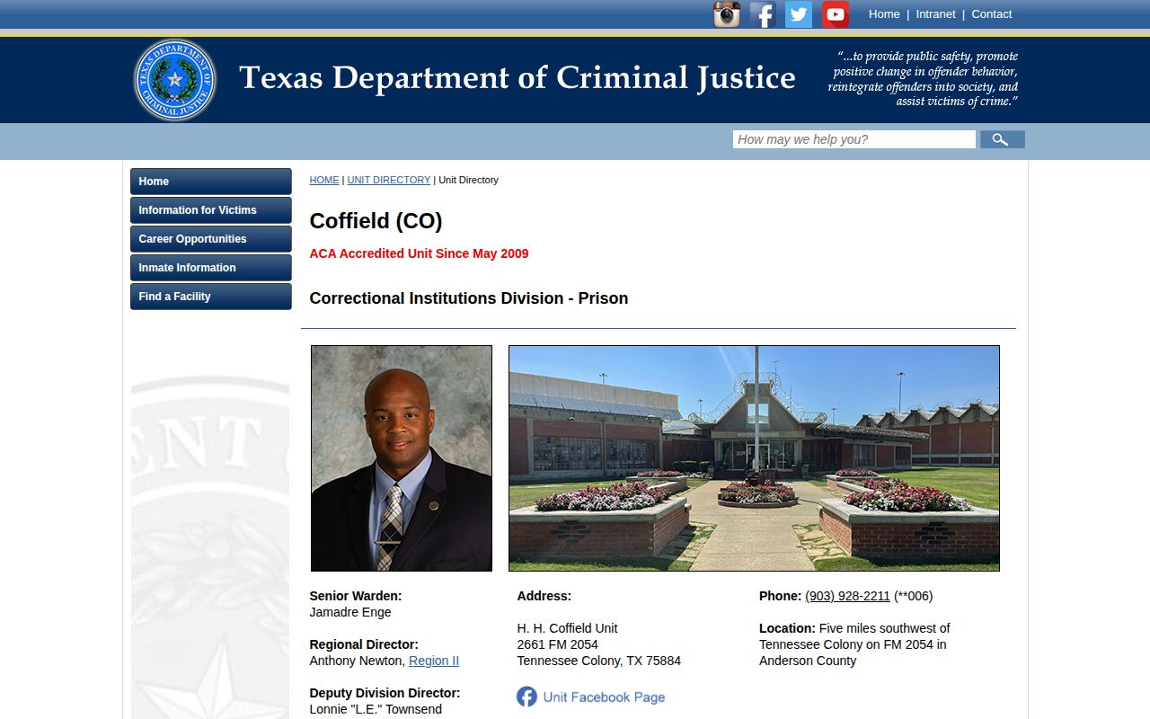 H. H. Coffield Unit official release records and facility page