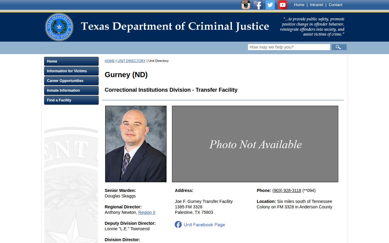 Joe F. Gurney Transfer Facility official custody and release record page