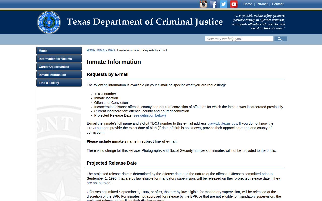 TDCJ offender information request page for prior incarceration and release details
