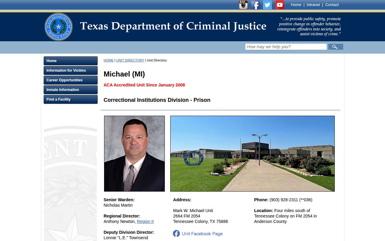 Official TDCJ Mark W. Michael Unit information