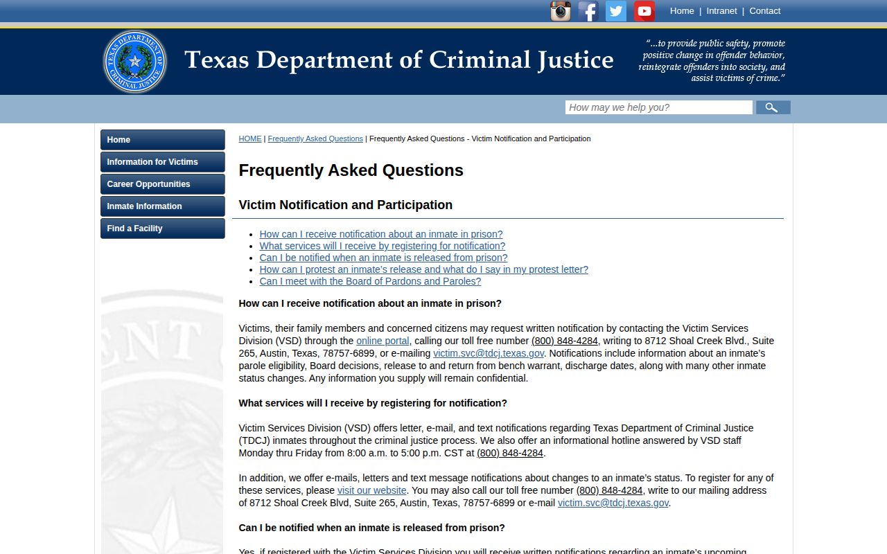 TDCJ release and victim notification information