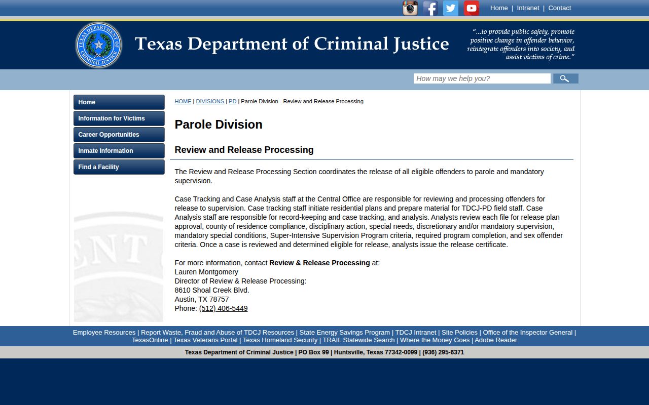 TDCJ review and release processing information