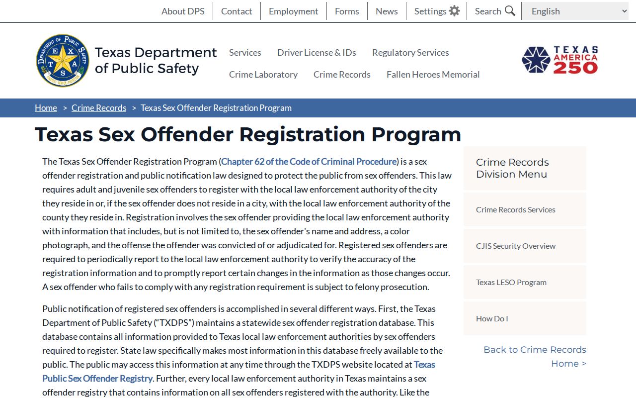 Texas DPS sex offender registration photograph channel